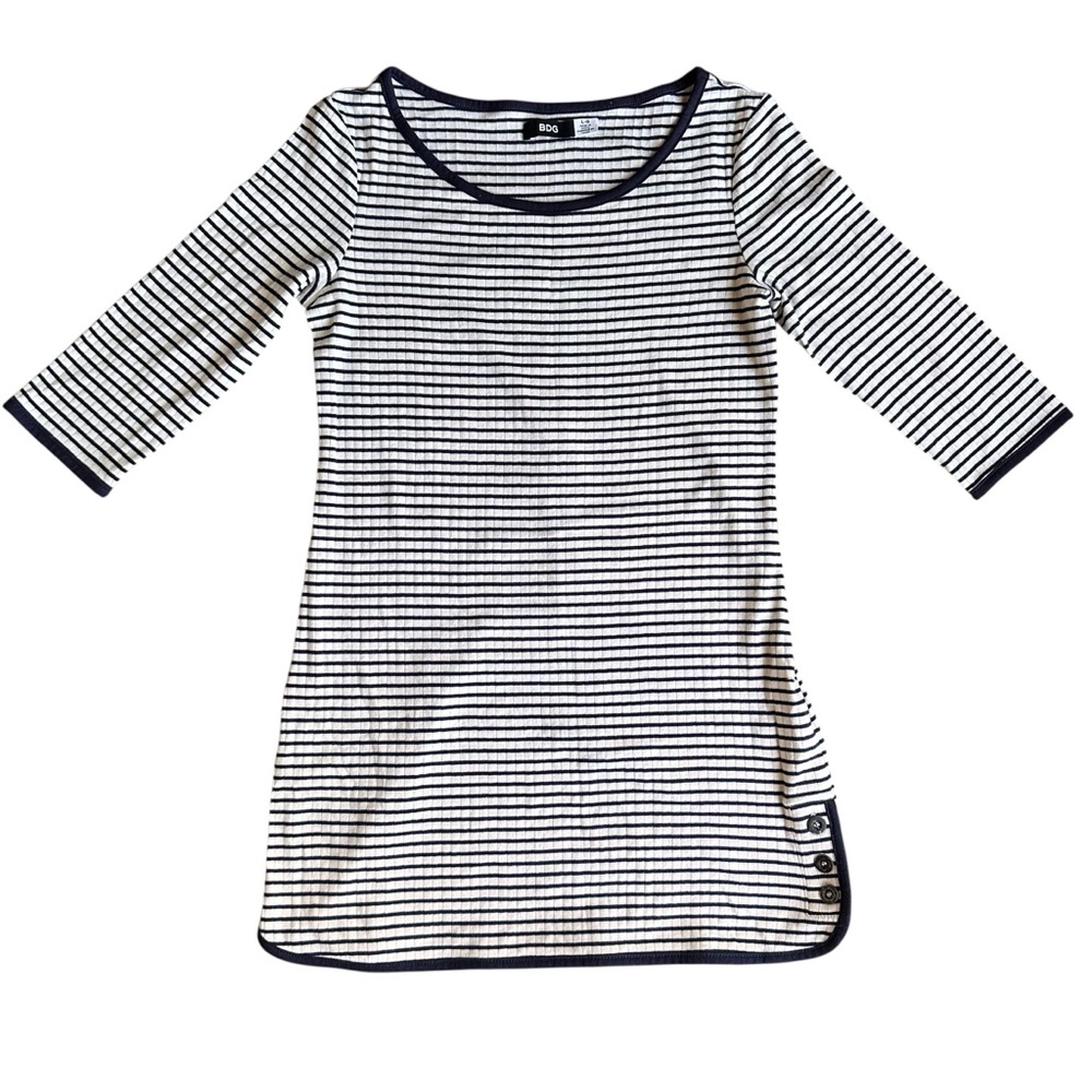 BDG Striped Mini Dress Large Cotton Navy White Ribbed 3/4 Sleeve Preppy UO